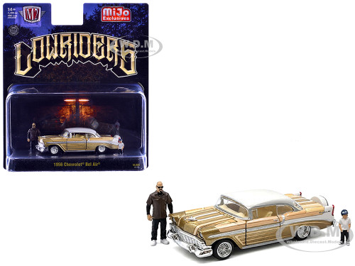 1956 Chevrolet Bel Air Lowrider Gold Metallic with Gold Interior and White Top with 2 Figures Limited Edition to 4400 pieces Worldwide 1/64 Diecast Model Car M2 Machines 67500-MJS03