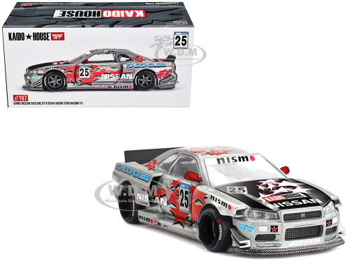 Nissan Skyline GT R R34 Kaido Star Racing V1 RHD Right Hand Drive #25 Gray Metallic with Black Hood and Graphics Designed by Jun Imai Kaido House Special 1/64 Diecast Model Car Mini GT KHMG197