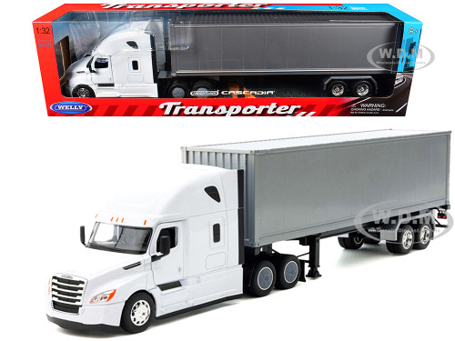 Freightliner Cascadia Truck White with Gray Container Transporter Series 1/32 Diecast Model Welly 32696W-WH