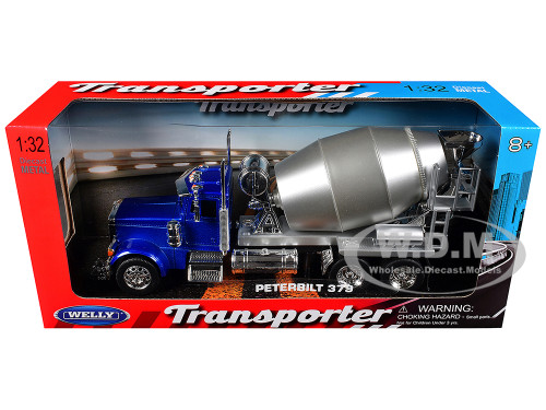 Peterbilt 379 Cement Mixer Blue Metallic with Chrome and Silver Mixer Transporter Series 1/32 Diecast Model Welly 39943W-BL