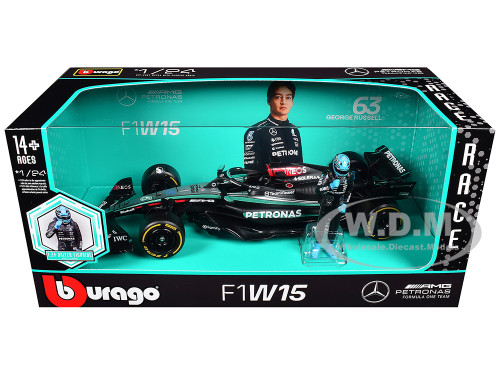 Mercedes AMG F1 W15 E Performance #63 George Russell Petronas Formula One F1 Championship World Championship 2024 with Driver Figure 1/24 Diecast Model Car Bburago 28069GR