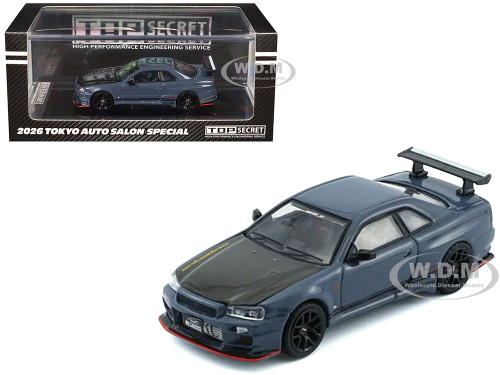 Nissan Top Secret Skyline GT R BNR34 RHD Right Hand Drive Stealth Gray with Carbon Hood Tokyo Auto Salon 2026 1/64 Diecast Model Car BM Creations 64B0498