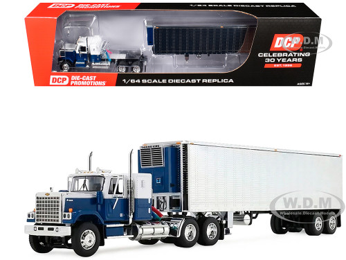 Chevrolet Bison with 34 Flat Top Sleeper & 40 Vintage Trailer with Reefer Blue and White 1/64 Diecast Model DCP/First Gear 60-2345