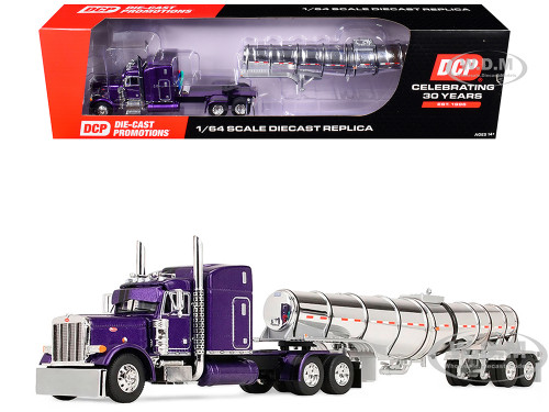 Peterbilt 379 with 63 Mid Roof Sleeper and Polar Deep Drop Trailer Wild Orchid Purple with Black Stripes 1/64 Diecast Model DCP/First Gear 60-2354