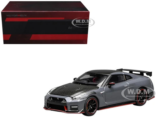 2022 Nissan GT R Nismo R35 RHD Right Hand Drive Stealth Gray with Carbon Hood and Top Senior 64 Series 1/64 Diecast Model Car MotorHelix M63521