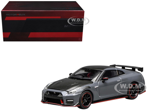 2022 Nissan GT R Nismo R35 RHD Right Hand Drive Stealth Gray with Carbon Hood and Top Senior 64 Series 1/64 Diecast Model Car MotorHelix M63521