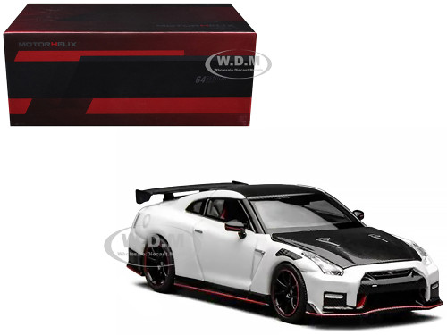 2022 Nissan GT R Nismo R35 RHD Right Hand Drive Brilliant White Pearl with Carbon Hood and Top Senior 64 Series 1/64 Diecast Model Car MotorHelix M63525