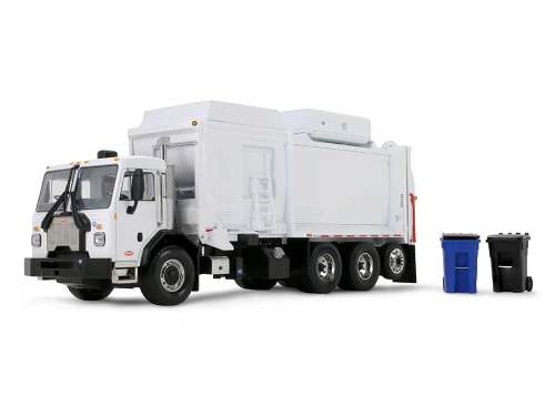 Peterbilt 520 Refuse Garbage Truck McNeilus CNG ZR Automated Side Load Refuse Body White 2 Bins 1/34 Diecast Model First Gear FG10-4408