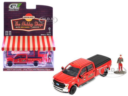 2022 Ford F 450 Dually Pickup Truck Hobby Shop Auto Mechanic Red with Mechanic Figure The Hobby Shop Series 17 1/64 Diecast Model Car Greenlight 97170F