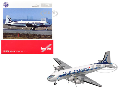 Douglas DC 4 Commercial Aircraft Air France F BHEH White with Blue Stripes 1/200 Diecast Model Airplane Herpa HE571104-001