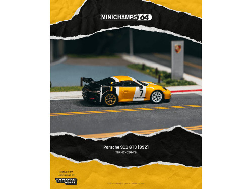 Porsche 911 GT3 (992) #7 Yellow Black White Stripes 1/64 Diecast Model Car Tarmac Works Minichamps T64MC-024-YB