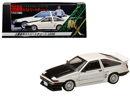 Toyota Sprinter Trueno AE86 RHD Right Hand Drive Keiichi Tsuchiya Street Tuning 1998 White Black Carbon Hood 1/64 Diecast Model Car Hobby Japan HJ646052DDK