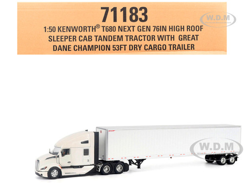 Kenworth T680 Next Gen 76 High Roof Sleeper Tandem Tractor White with Great Dane Champion 53ft Dry Cargo Trailer Transport Series 1/50 Diecast Model Diecast Masters 71183