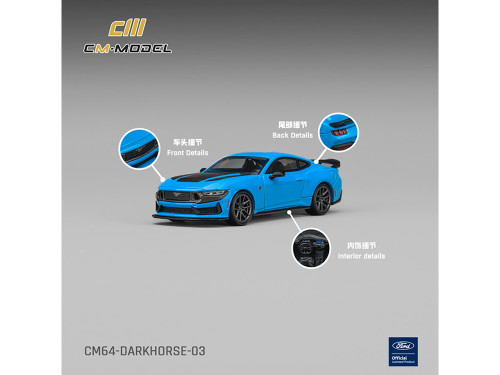 Ford Mustang Dark Horse Grabber Blue Black Hood Stripes 1/64 Diecast Model Car CM Model CM64-DARKHORSE-03
