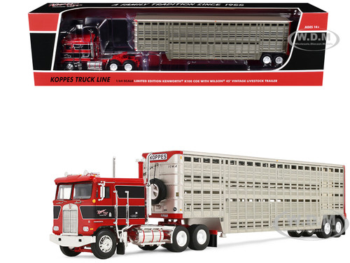Kenworth K100 COE Flat Top and 45 Wilson Vintage Livestock Trailer Koppes Truck Line Red with Black Stripes 1/64 Diecast Model DCP/First Gear 69-2432