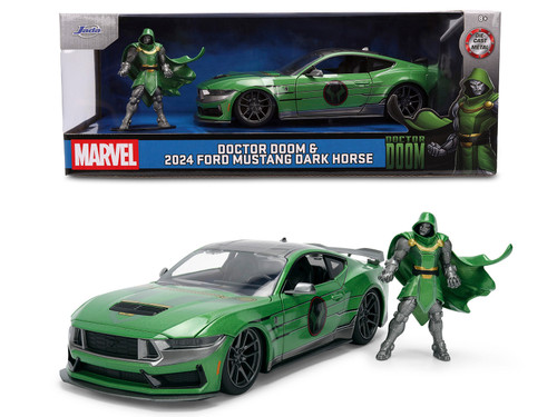 2024 Ford Mustang Dark Horse Green Metallic with Gray Top and Graphic with Doctor Doom Diecast Figure Marvel s Doctor Doom" Character Hollywood Rides Series 1/24 Diecast Model Car Jada 36993