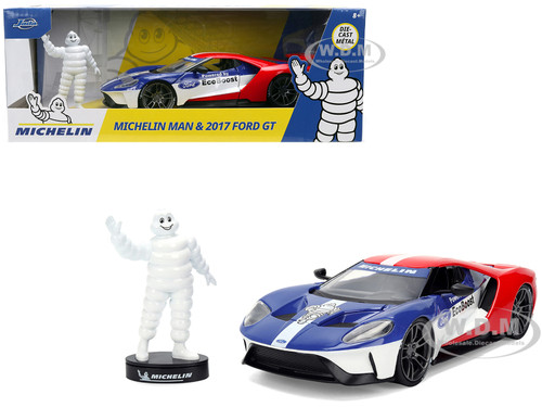 2017 Ford GT Blue and Red with White Stripes with Michelin Man Diecast Figure Michelin Tires Hollywood Rides Series 1/24 Diecast Model Car Jada 37628
