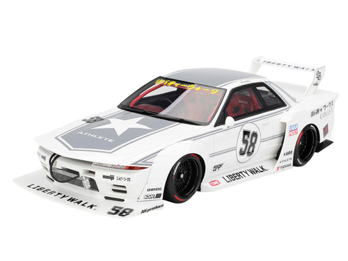 Nissan Skyline GT R R32 RHD Right Hand Drive #58 LBWK Kaido Works White with Gray Stripes and Graphics Tokyo Auto Salon TAS 2025 1/18 Model Car Top Speed TS0695