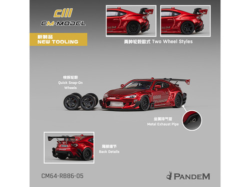 Toyota GT86 Pandem Widebody V3.5 Red Metallic Graphics Extra Wheels 1/64 Diecast Model Car CM Model CM64-RB86-05
