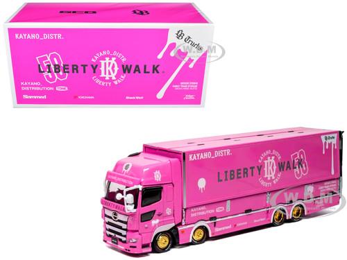 Hino 700 Transporter RHD Right Hand Drive LB Trucks Kayano_Distr Pink Metallic with Graphics 1/64 Diecast Model GCD KS-093-738