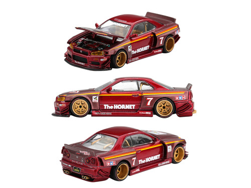 Nissan Skyline GT-R R34 RHD Right Hand Drive #7 The Hornet TAMIYA x KAIDO HOUSE Red Metallic Red Carnon Stripes Designed by Jun Imai Kaido House Special 1/64 Diecast Model Car Mini GT KHMG315