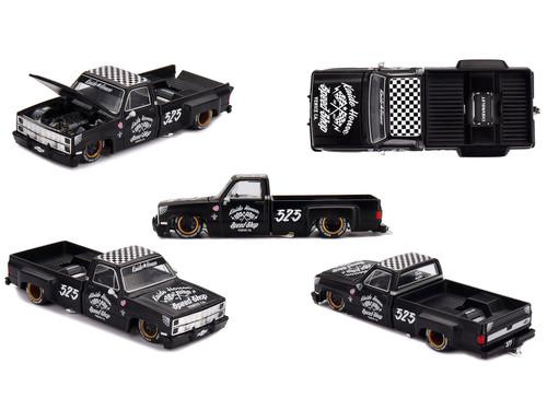 Chevrolet Silverado Dually Pickup Truck Hot Rod V1 Matt Black with Checkered Top and Graphics Designed by Jun Imai Kaido House Special 1/64 Diecast Model Car Mini GT KHMG236