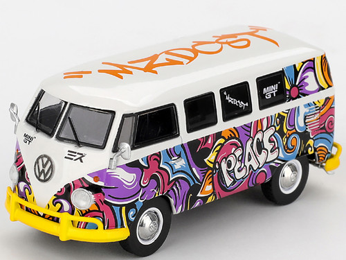 Volkswagen T1 Microbus Mizu Design White with Graffiti Graphics Limited Edition 1/64 Diecast Model Car Mini GT MGT01191