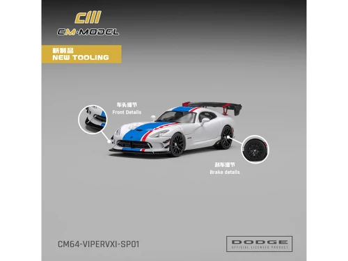 Dodge Viper VXI ACR White Blue Red Stripes 1/64 Diecast Model Car CM Model CM64-VIPERVXI-SP01