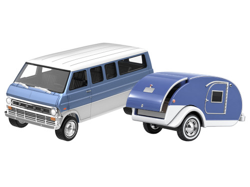 1974 Ford Club Wagon Medium Blue with Tear Drop Trailer Hitch & Tow Series 34 1/64 Diecast Model Car Greenlight 32340A