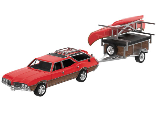 1970 Oldsmobile Vista Cruiser Rallye Red with Canoe Trailer with Canoe Rack Canoe and Kayak Hitch & Tow Series 34 1/64 Diecast Model Car Greenlight 32340C