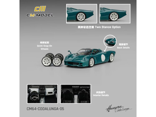 Pagani Huayra Codalunga Green with Sunroof and Extra Wheels 1/64 Diecast Model Car CM Model CM64-CODALUNGA-05