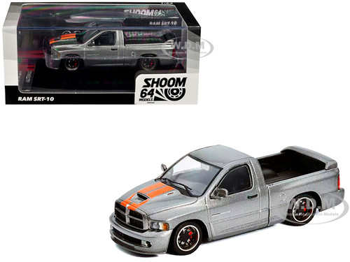 2003 Dodge Ram SRT 10 Pickup Truck Gray Metallic with Orange Stripes 1/64 Diecast Model Car Shoom64 Models SHOOM-103-016