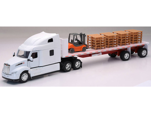 Peterbilt 579 Truck White with Flatbed Trailer White and Load of Forklift and Pallets Long Haul Truckers Series 1/32 Diecast Model New Ray 12573