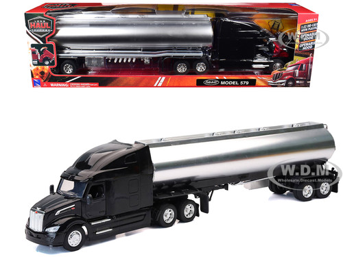 Peterbilt 579 Truck Black with Tanker Trailer Silver Long Haul Truckers Series 1/32 Diecast Model New Ray 12553
