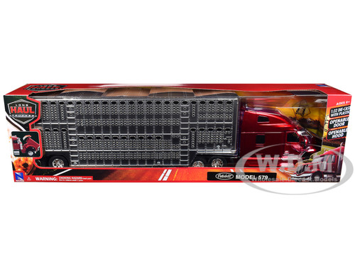 Peterbilt 579 Truck Red Metallic with Livestock Trailer Chrome Long Haul Truckers Series 1/32 Diecast Model New Ray 12563