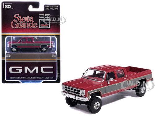 1977 GMC Sierra Grande K2500 Wideside Crew Cab Pickup Truck Dark Red Metallic with Gray Side Stripes 1/64 Diecast Model Car IXO Models IA64027