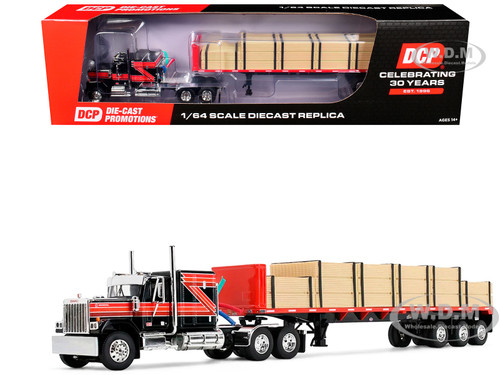 GMC General with 60 Flat Top Sleeper & 48 Utility Flatbed Trailer with Lumber Load Black with Red Stripes 1/64 Diecast Model DCP/First Gear 60-2344