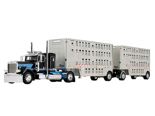 Peterbilt 389 with 36 Flat Top Sleeper and 28 Wilson Silverstar Double Livestock Trailers Black with Cyan Stripes 1/64 Diecast Model DCP/First Gear 60-2341
