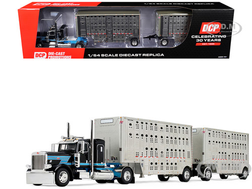 Peterbilt 389 with 36 Flat Top Sleeper and 28 Wilson Silverstar Double Livestock Trailers Black with Cyan Stripes 1/64 Diecast Model DCP/First Gear 60-2341