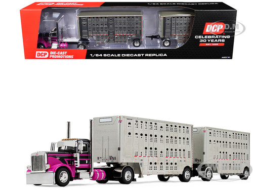 Peterbilt 389 Day Cab and 28 Wilson Silverstar Double Livestock Trailers Black with Magenta Stripes 1/64 Diecast Model DCP/First Gear 60-2342