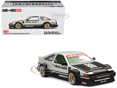 Toyota AE86 Sprinter Trueno RHD Right Hand Drive #86 Kaido Street V2 Silver Metallic and Black with Carbon Hood and Graphics Designed by Jun Imai Kaido House Special 1/64 Diecast Model Car Mini GT KHMG218