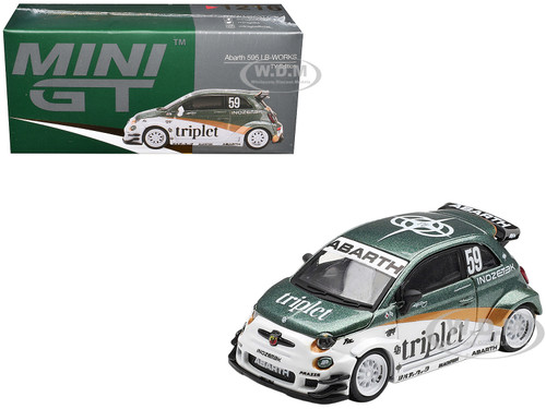Abarth 595 LB Works TY Edition #59 Green Metallic and White with Gold Stripes and Graphics Limited Edition 1/64 Diecast Model Car Mini GT MGT01216