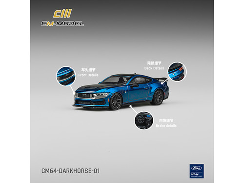 Ford Mustang Dark Horse Blue Metallic with Matt Black Hood and Black Top 1/64 Diecast Model Car CM Model CM64-DARKHORSE-01