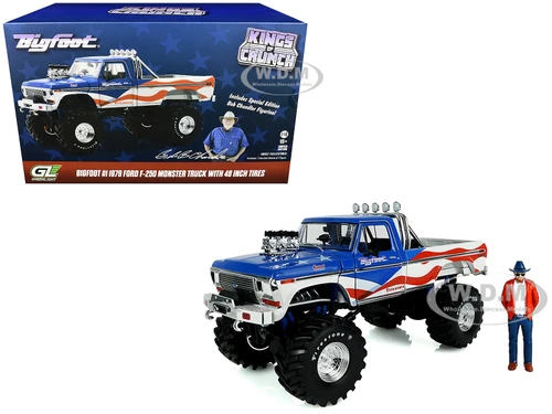 1979 Ford F 250 Monster Truck Bigfoot USA 250 Tribute Blue with USA Flag Graphics and Bob Chandler Standing Figure Kings of Crunch Series 1/18 Diecast Model Car Greenlight 13726