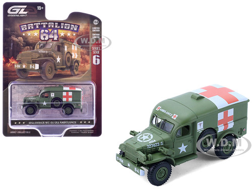 1944 Dodge WC 54 4X4 Ambulance U S Army WWII Green with Graphics Battalion 64 Series 6 1/64 Diecast Model Car Greenlight 61060D