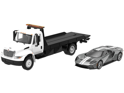 2014 International Durastar 4400 Flatbed Truck with 2017 Ford GT Liquid Gray with White Stripes Hobby Exclusives 1/64 Diecast Model Cars Greenlight GL30611