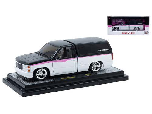 1991 GMC Sierra Pickup Truck with Camper Shell Black and White with Pink Stripes Limited Edition to 4850 pieces Worldwide 1/24 Diecast Model Car M2 Machines 40300-146A