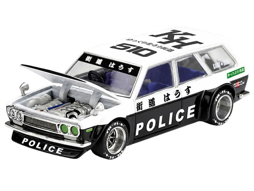 Datsun Kaido 510 Wagon Police Black White Two Tone with Graphics Kaido House Special 1/64 Diecast Model Car Mini GT KHMG321