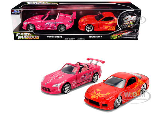 Honda S2000 Pink with Graphics and Mazda RX 7 Orange with Graphics Set of 2 pieces 25 Years of Fast & Furious Series 1/32 Diecast Model Cars Jada JA38363