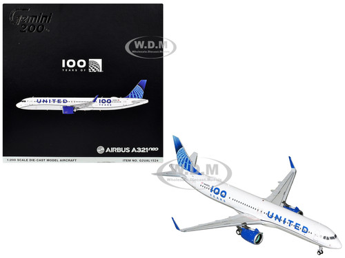 Airbus A321neo Commercial Aircraft United Airlines 100th Anniversary N44550 White with Blue Tail Gemini 200 Series 1/200 Diecast Model Airplane GeminiJets G2UAL1524